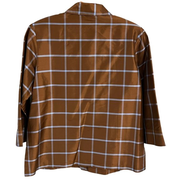 Linea By Louis DellOlio Womens Brown Checkered Silk Button-Up Shirt M - Picture 5 of 5